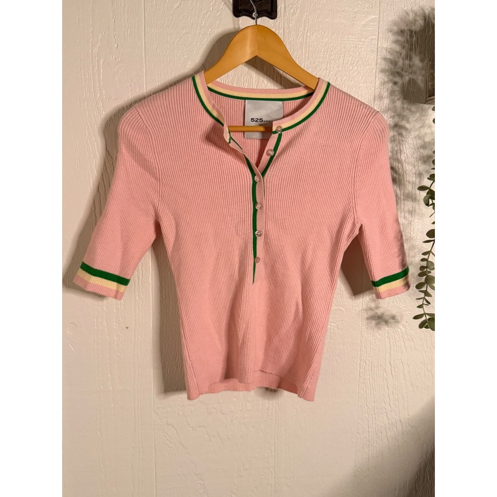 525 America Pink Ribbed Henley Top Short Sleeve Contrast Trim Preppy Sweater